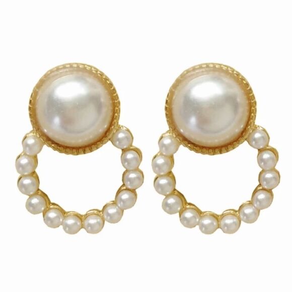 Gold white pearl earrings dainty casual or formal hoop stud small 💖2/$30 - Picture 11 of 14